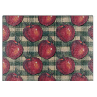 Red  Apples Green Plaid Cutting Board
