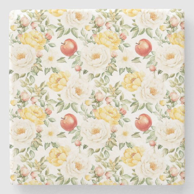 Red Apples Yellow White Flowers Stone Coaster (Front)