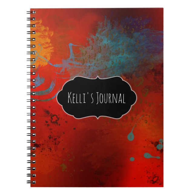 Red, Aqua & Gold Grunge Abstract Personalised Spiral Notebook (Front)