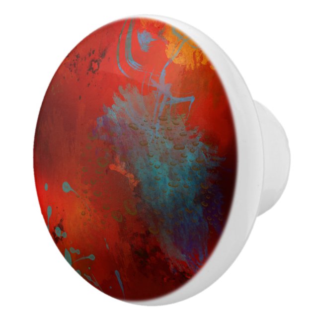 Red, Aqua & Gold Grunge Digital Abstract Art Ceramic Knob (Right)