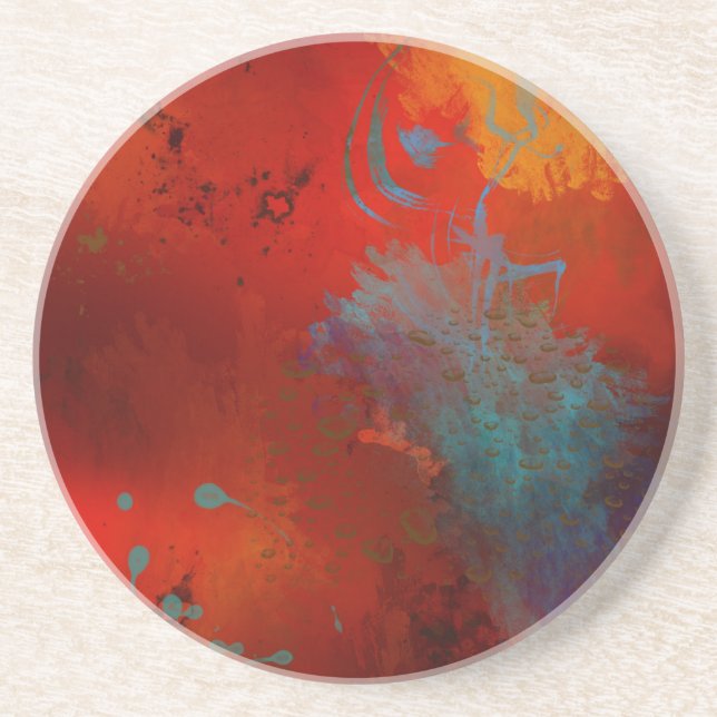 Red, Aqua & Gold Grunge Digital Abstract Art Coaster (Front)