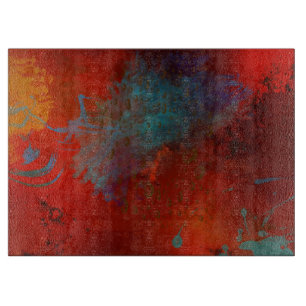 Red, Aqua & Gold Grunge Digital Abstract Art Cutting Board