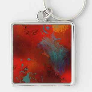 Red, Aqua & Gold Grunge Digital Abstract Art Key Ring