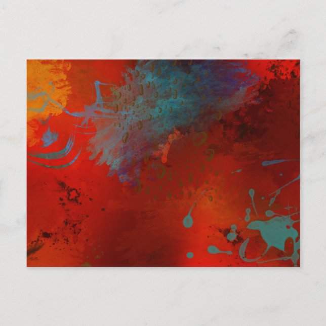 Red, Aqua & Gold Grunge Digital Abstract Art Postcard (Front)
