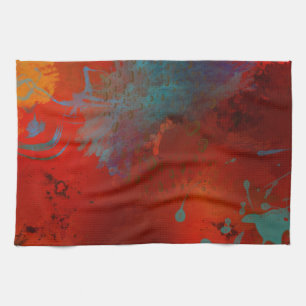 Red, Aqua & Gold Grunge Digital Abstract Art Tea Towel