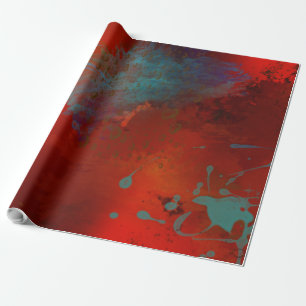 Red, Aqua & Gold Grunge Digital Abstract Art Wrapping Paper