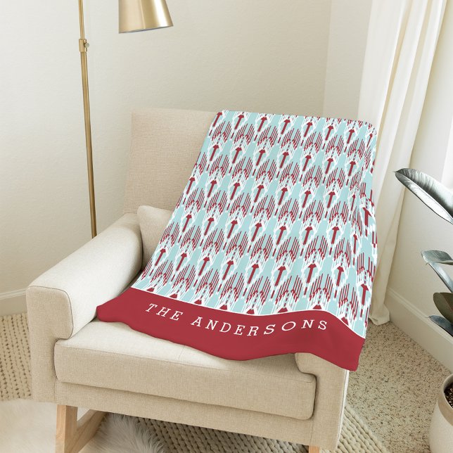 Red & Aqua Holiday Ikat Pattern | Personalised Fleece Blanket (Creator Uploaded)