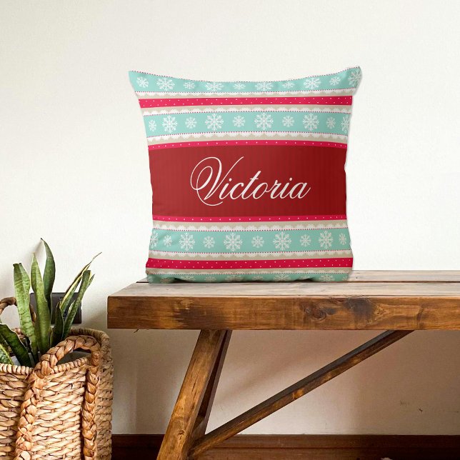 Red Aqua Snowflakes Christmas Pattern Custom Name Cushion (Creator Uploaded)