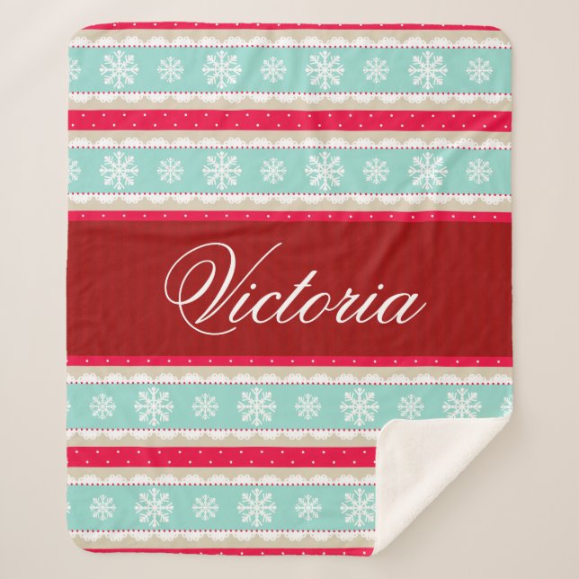 Red Aqua Snowflakes Christmas Pattern Custom Name Sherpa Blanket (Front)