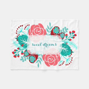 Red Aqua Teal Vintage Floral Pattern Fleece Blanket