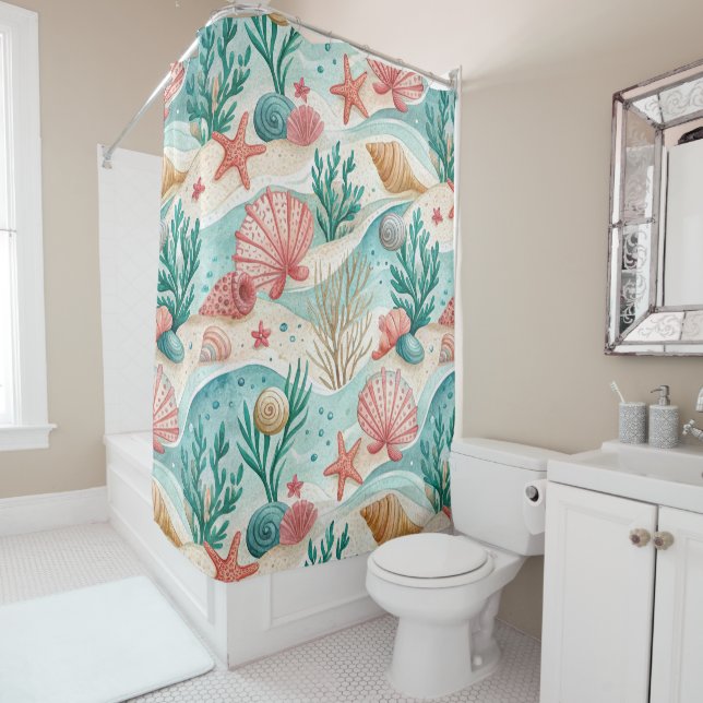 RED & AQUA TROPICAL SEASHELLS & STARFISH SHOWER CURTAIN (In Situ)