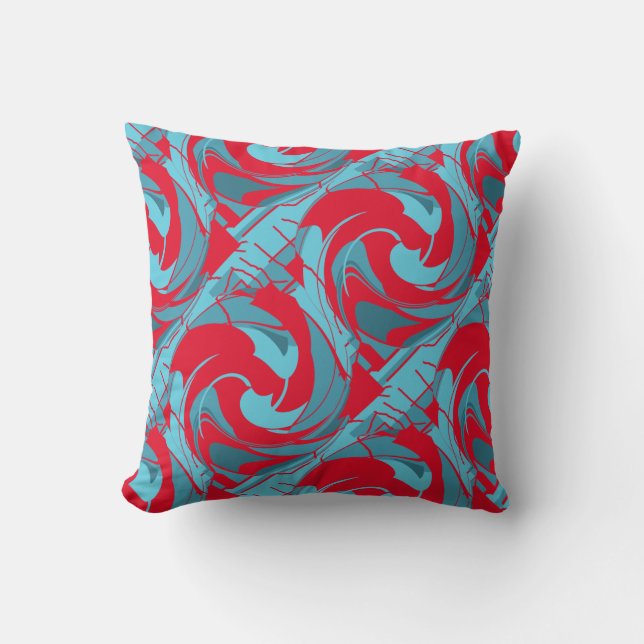 Red Aqua Turquoise Diagonal Twirling Art Design Cushion (Front)
