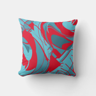 Red Aqua Turquoise Flowing Abstract Floral Design Cushion