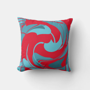 Red Aqua Turquoise Swirling Abstract Flower Design Cushion