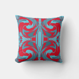 Red Aqua Turquoise Swirling Large Ornate Tiles Cushion