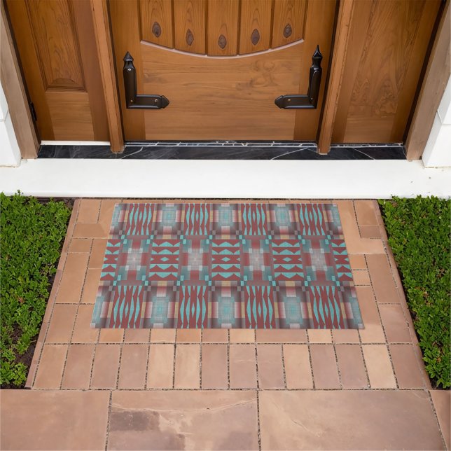 Red Aqua Turquoise Teal Blue Brown Tribal Art Doormat (Outdoor)