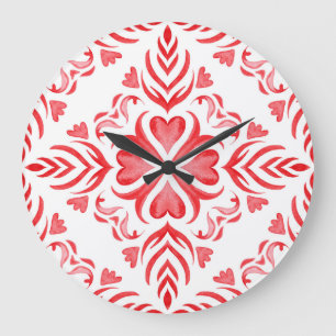 Red arabesque watercolor: ornamental pattern. large clock