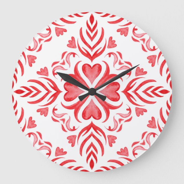 Red arabesque watercolor: ornamental pattern. large clock (Front)