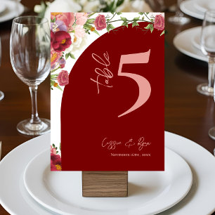 Red Arch Peach Floral Wedding Party Table Number