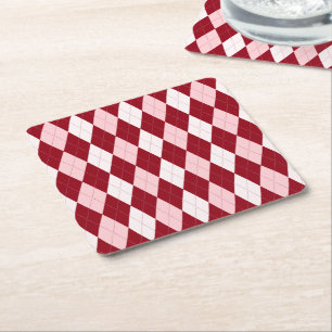 Red Argyle Crimson Pink Small Diamond Shape Square Paper Coaster