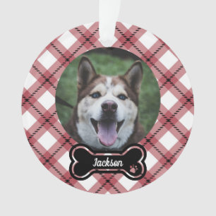 Red Argyle Plaid Bone Tag Dog Photo Ornament