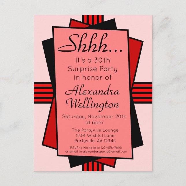 Red Art Deco 30th Surprise Party Birthday Invitation Postcard (Front)