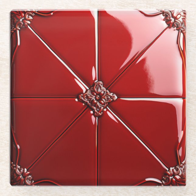 Red Art Deco  Glass Coaster (Front)
