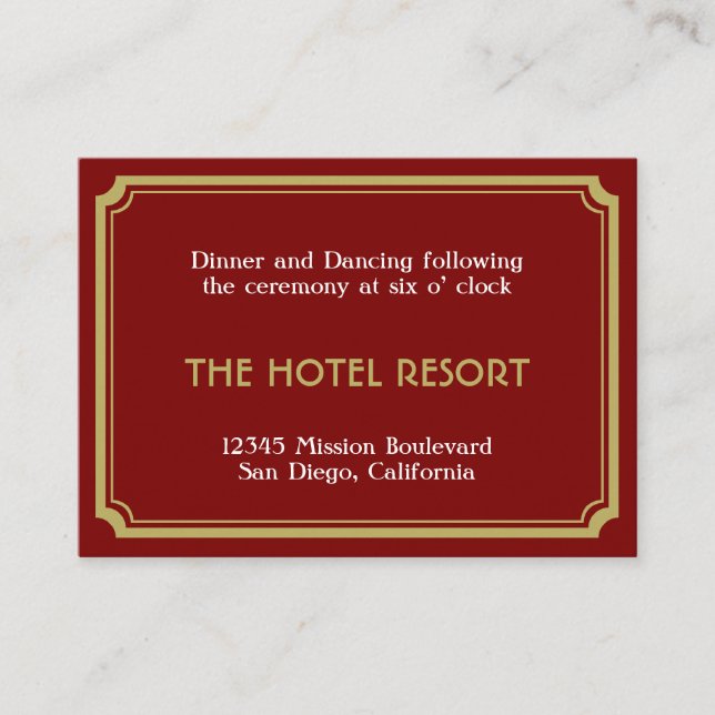 Red art deco retro wedding reception enclosure card (Front)