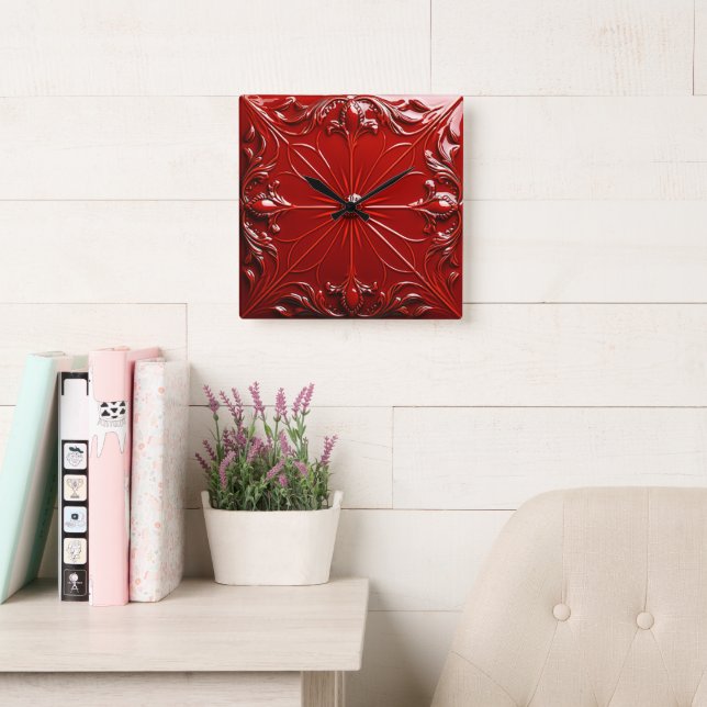 Red Art Deco  Square Wall Clock (Reading Room)