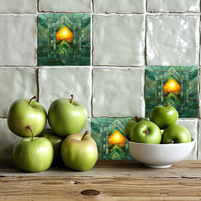 Red Art Deco Turquoise Green Gold Sun Tile (Creator Uploaded)