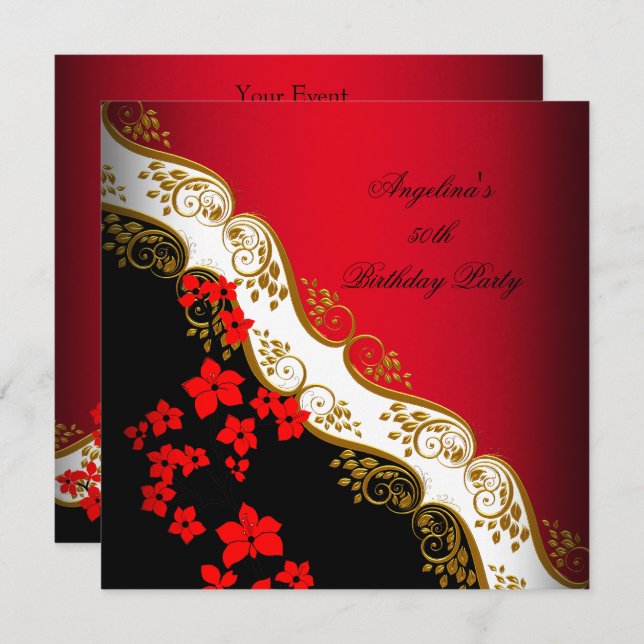 Red Asian Black White Floral Gold Birthday Party Invitation (Front/Back)