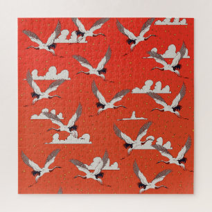 Red Asian Crane Pattern Jigsaw Puzzle