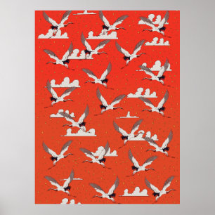 Red Asian Crane Pattern Poster