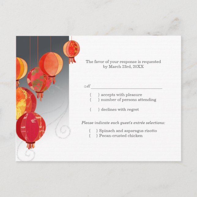 Red Asian Hanging Lanterns Wedding RSVP Invitation Postcard (Front)