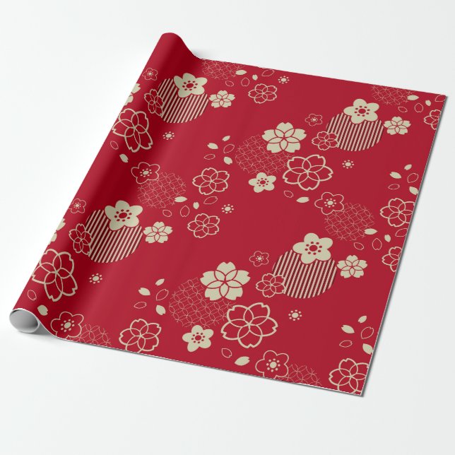 Red Asian pattern with spring flowers Wrapping Paper (Unrolled)