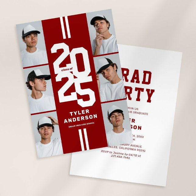 Red Athletic Grad Photo Collage Graduation Party Invitation (Creator Uploaded)