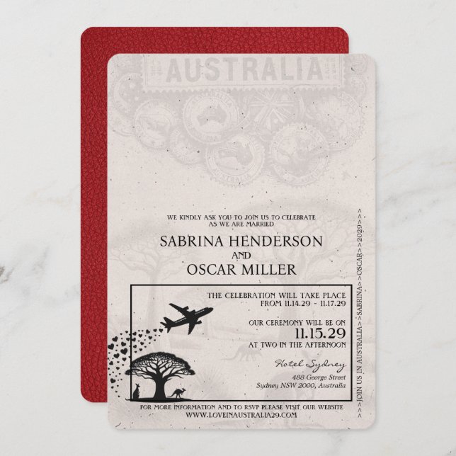Red Australia Passport Wedding Invitation (Front/Back)