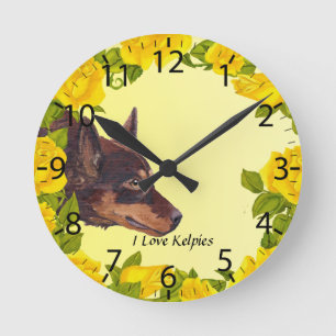 Red Australian Kelpie on Yellow Roses Round Clock