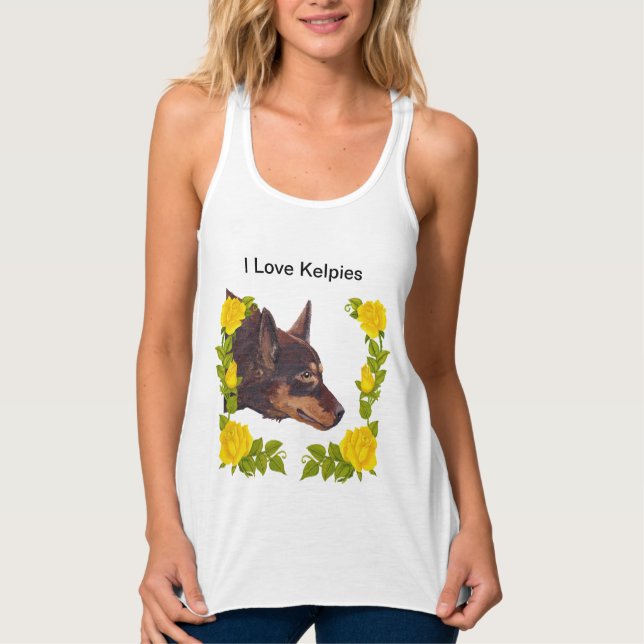 Red Australian Kelpie on Yellow Roses Singlet (Front)