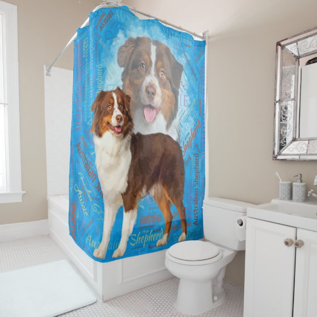 Red Australian Shepherd dogs - Aussie Shower Curtain (In Situ)