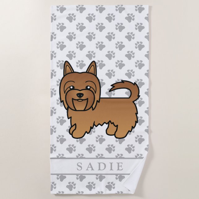 Red Australian Terrier Cartoon Dog & Name Beach Towel (Front)