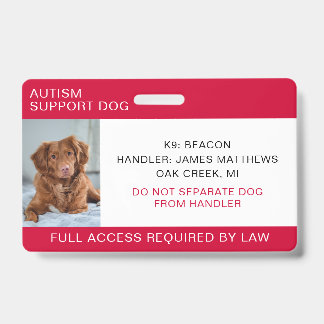 Red Autism Support Dog Photo ID Badge