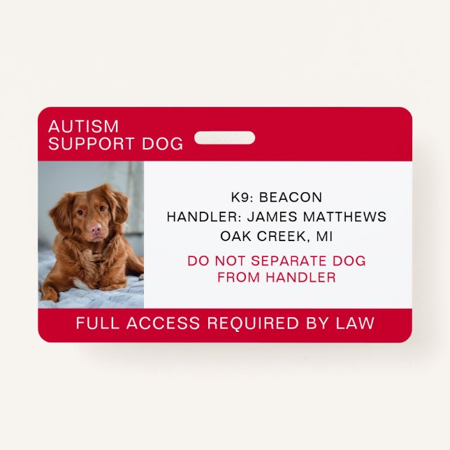 Red Autism Support Dog Photo ID Badge (Front)