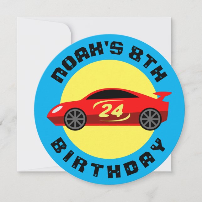 Red auto race car kid's Birthday party invitations (Front)