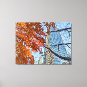 Red Autumn Leaves and Skyline Cityscape Canvas Print