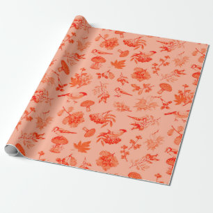 Red Autumn Leaves Berries Birds Vintage Botanical Wrapping Paper