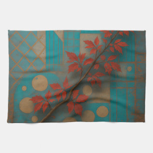 Red Autumn Leaves Turquoise Geometric Mosaic Tea Towel