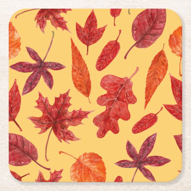 Red autumn leaves watercolor square paper coaster (Front)