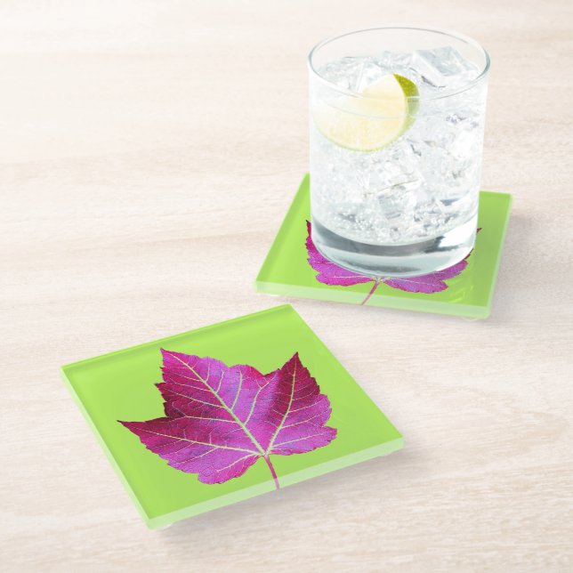 Red Autumn Maple Leaf on Green Background Glass Coaster (Angled)