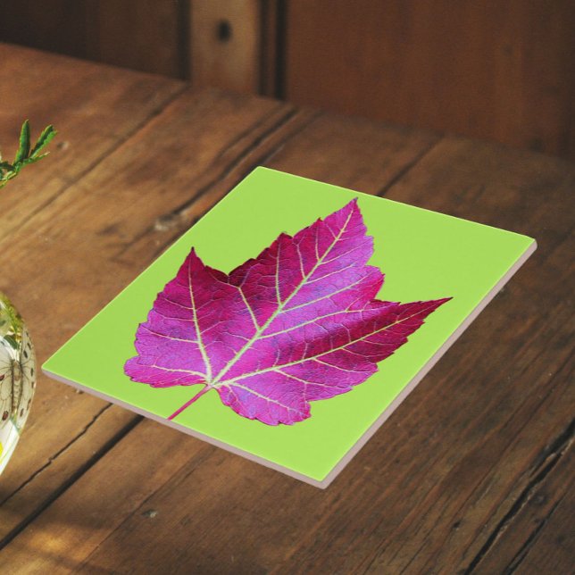 Red Autumn Maple Leaf on Green Floral Tile (In Situ)